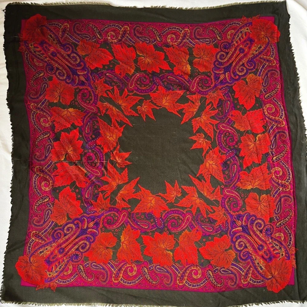 Vintage Donanni Italian Paisley Leaf Square Scarf 34x34 Green Red Purple